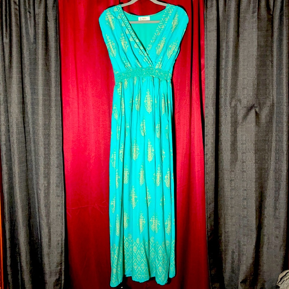 Teal maxi w/ gold pattern accent empire waist
